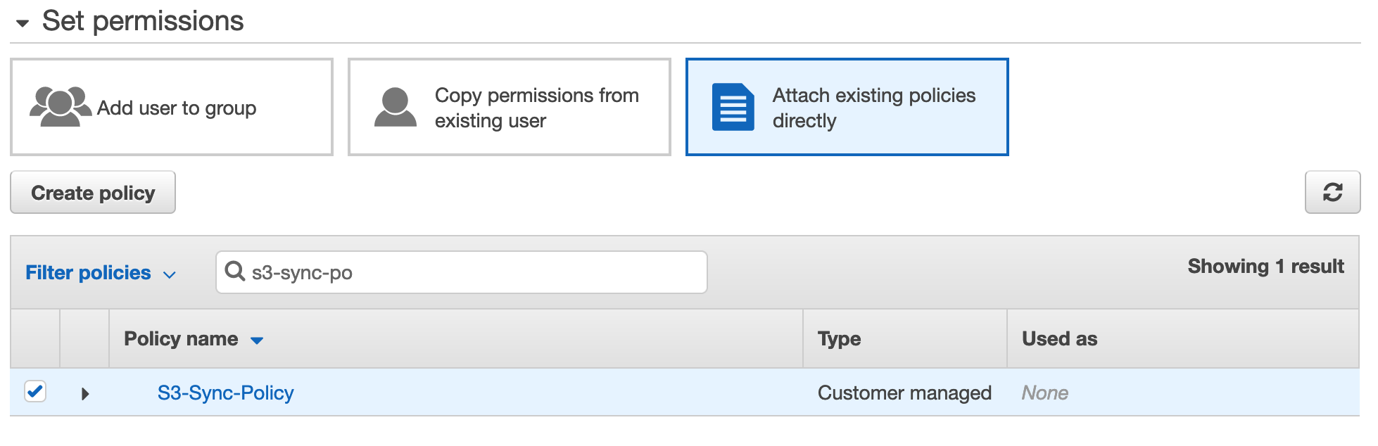The IAM Add User Permission screen. The search feature has been used to find the policy created previously.